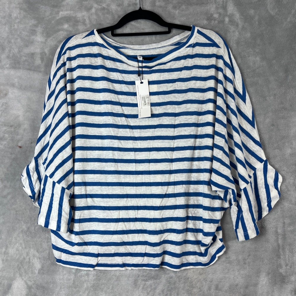 Anthropologie Cupcakes and Cashmere Blue White Striped Linen Blend Top M - Picture 2 of 9